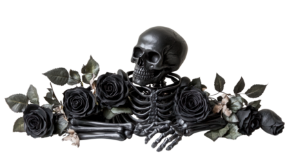 Halloween table centerpiece with black roses and bones background isolated on a Transparent background, PNG file.