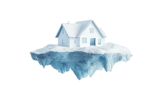 Floating iceberg-inspired arctic house concept background isolated on a Transparent background, PNG file.