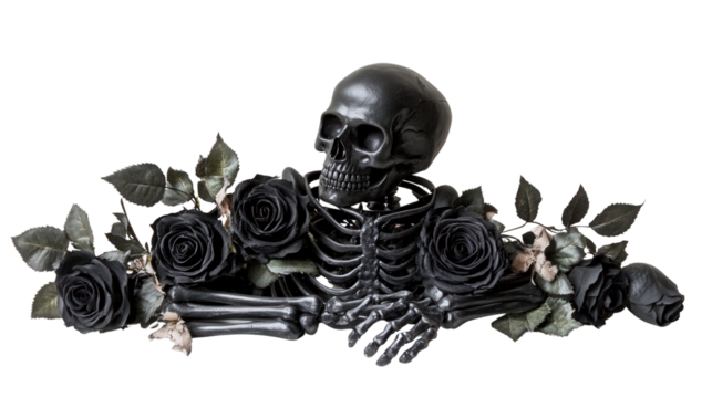 Halloween table centerpiece with black roses and bones background isolated on a Transparent background, PNG file.