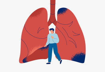 Unhealthy lungs and sad man near it. Respiratory disease and chronic illness, asthma or lung cancer. Healthcare and medical concept. Vector illustration 