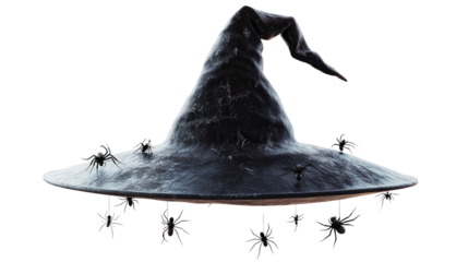 Floating witch hat with dangling spiders background isolated on a Transparent background, PNG file.