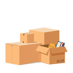 Moving concept. Cardboard boxes in different sizes and shapes with various home stuff, books, ball, home plant. Vector illustration of Stack of moving boxes is related on white background.