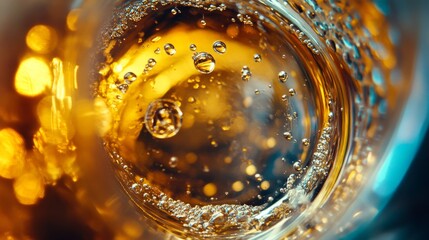 macro shot of white wine in flute glass
