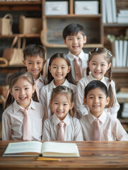 A group of children in school uniforms, smiling and posing with joy, reflecting their spirit of cooperation and friendship.