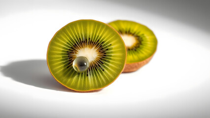 Vibrant close-up of a fresh kiwi slice with a glistening water droplet on a clean white background.