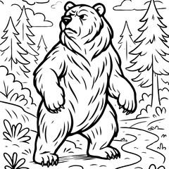 Standing Bear in Forest: Powerful Outline for Wildlife, Nature, and Woodland Art.