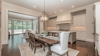 Sunlit kitchen and dining area with hardwood floors, a large wooden table, white chairs, and a view to a sunroom
