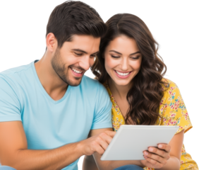 Young happy couple smiling while looking at a tablet computer together