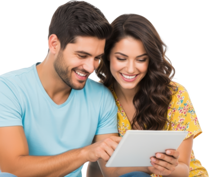 Young happy couple smiling while looking at a tablet computer together