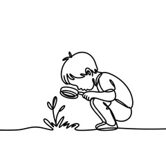 Curious child examining a small plant with a magnifying glass in a continuous line drawing