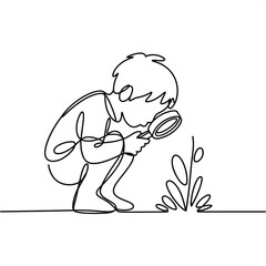 Child with magnifying glass exploring nature in continuous line drawing style