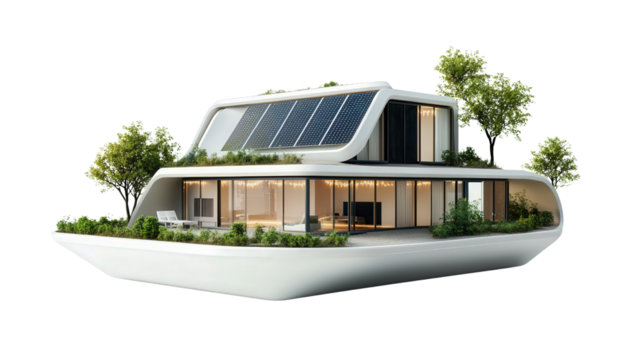 Futuristic eco-friendly house model with solar panels background isolated on a Transparent background, PNG file.
