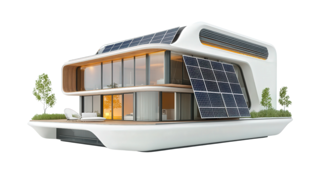 Futuristic eco-friendly house model with solar panels background isolated on a Transparent background, PNG file.