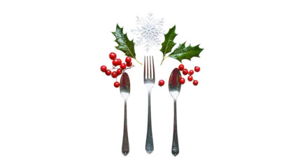 Holiday Christmas dinner menu with snowflake and holly design background isolated on a Transparent background, PNG file.