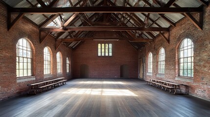 Spacious, historic hall with exposed wooden beams and brick walls. Sunlight streams through large windows illuminating the wooden floor