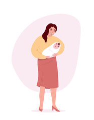 
Happy mother holds baby in her arms, looks at him with love. Woman and newborn together. Vector flat graphics.