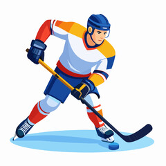 Obraz premium Pixel Art Style Illustration of an Ice Hockey Player in Action with Yellow and Blue Uniform on White Background