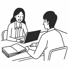 Fototapeta premium A man and a woman are sitting at a desk with a laptop and a book. The woman is smiling and the man is looking at her. The scene seems to be a work meeting or a casual conversation between the two