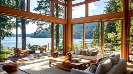 Fototapeta premium Expansive lakeside living room with floor-to-ceiling windows showcasing stunning natural scenery. Warm wood accents complement the serene view