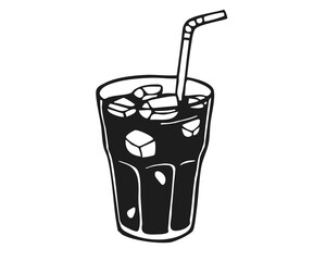 Glass of cold drink with ice cubes and straw. Black and white hand drawn vector illustration isolated on white background. Refreshing beverage concept