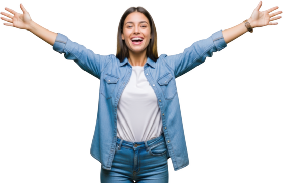 Young woman with arms outstretched smiling broadly wearing a denim shirt and jeans