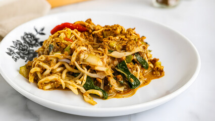 A vibrant and delicious plate of Indonesian Pecel, featuring blanched vegetables and noodles generously coated in a rich, savory peanut sauce. A healthy and flavorful traditional dish.