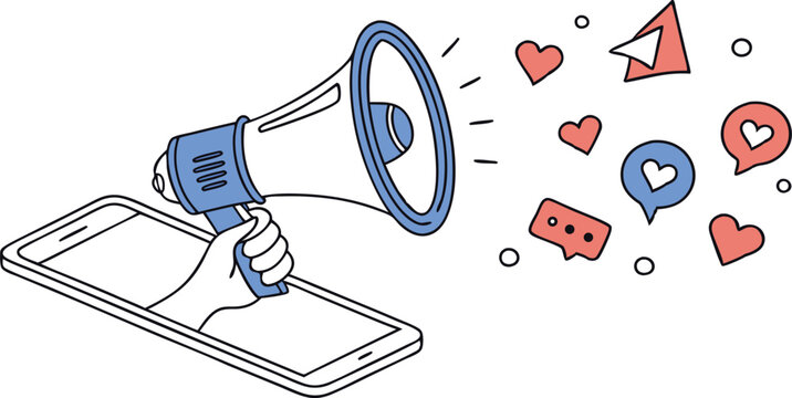 Digital marketing megaphone emerging from a smartphone broadcasting social media engagement icons like hearts and chat bubbles