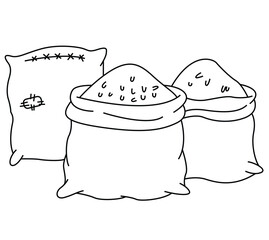 Cute cartoon hand drawn vector sacks with  spices of different colors outline.