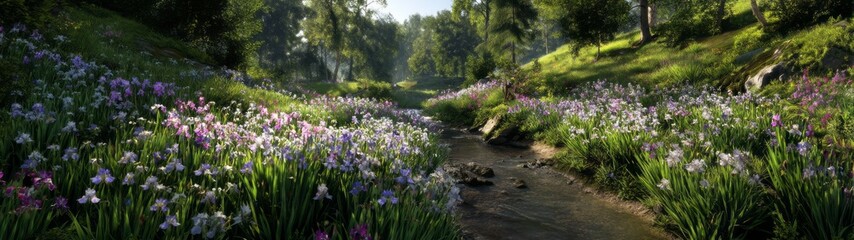 Fototapeta premium Picturesque nature stream with flowers hdr 360 degrees hdri view