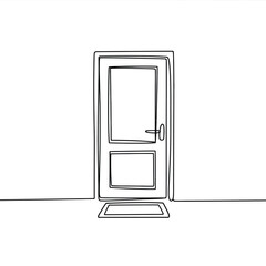 Minimalist single line drawing of a closed door with a doormat