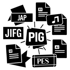 Various file format icons connected to a central pig icon silhouette