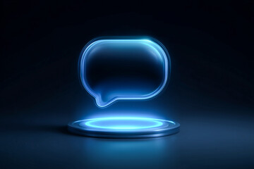 Glowing blue neon chat bubble icon with holographic effect on pedestal, representing communication, digital interaction, and futuristic technology in a dark, clean setting

