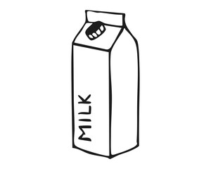 Milk carton with screw cap and vertical text. Black and white hand drawn flat style vector illustration isolated on white background. Dairy packaging concept