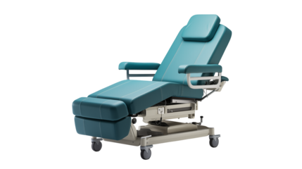 Medical examination chair in teal with hydraulic adjustment stands isolated on transparent background
