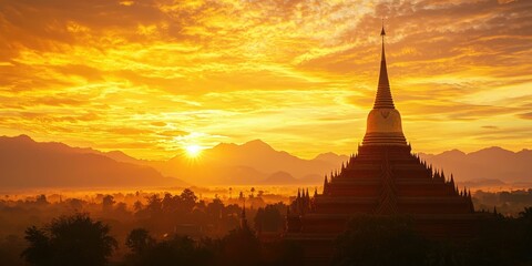 A golden sunrise bathing a temple spire