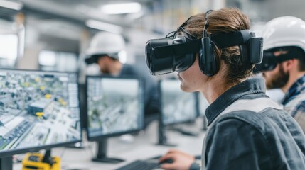 Engineers wearing VR headsets testing smart city simulations