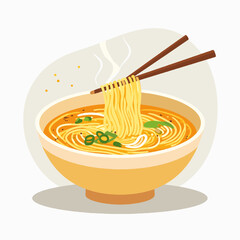 Steaming Noodle Soup in Yellow Bowl with Chopsticks and Green Onion Garnish in Vector Style Illustration on White Background