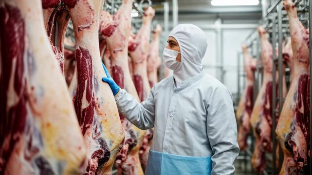 Butcher wearing protective clothing and mask inspecting hanging beef carcasses in a meat processing plant, ensuring quality and hygiene standards in the food industry
