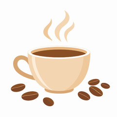 Obraz premium Stylized Coffee Cup with Steaming Beverage and Roasted Coffee Beans on White Background for Adobe Stock Photos