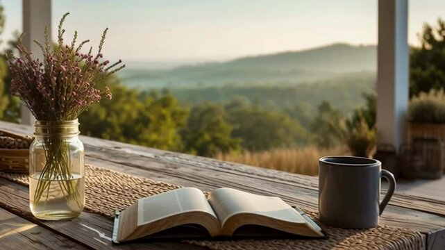 camera over serene, rustic scene with open bible laying on the standing outside table, coffee cup and tranquil nature landsape; concept of bible study, calmness, searching for answers; simple video
