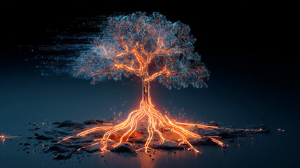 Digital particle tree with glowing orange roots and blue crown, symbolizing growth, energy, and interconnectedness, perfect for themes of technology, nature, and futuristic concepts

