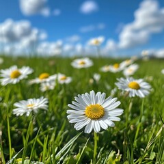 A bright field of daisies under bright sunlight. The white petals of the flowers with an orange center stand out against the background of greenery, accentuated by the sky with light clouds.