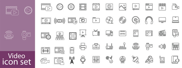Video icon set. Containing camera, play, pause, media, online video, live, production, player, movie and cinema icons. Solid icon collection.