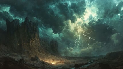 A Dramatic Tempestuous Landscape with Towering Cliffs Illuminated by Lightning, Featuring a River and Ominous Clouds, Conveying a Sense of Power and Foreboding Landscape with Dramatic Light