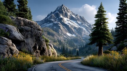 A summer mountain pass with wildflowers on either side of the highway and distant peaks glowing in golden sunlight. 