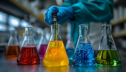 Scientist adding liquid to flask in lab setting colorful chemicals experiment