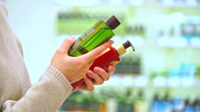 Customer comparing haircare products in a beauty store. Woman reading ingredient labels on bottles of shampoo, conditioner or balm. Concept of conscious choice and personal care for hair and scalp.