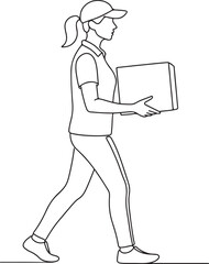 Courier Girl Carrying Package Line Drawing for Delivery and Logistics Concept