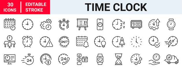 Time and Clock web icons in line style. Calendar, timer, time, stopwatch, countdown, collection. editable. Vector illustration.