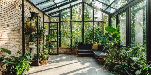 A greenhouse-inspired home with glass ceilings and indoor plants everywhere